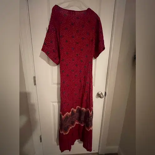 Vintage Red Patterned Boho Maxi Dress with Tie at Waist Size L Size L