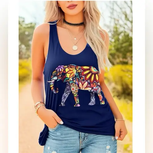LA SOUL Navy Floral Peaceful Elephant Graphic Tank Top Lightweight Summer Shirt Blue Size L