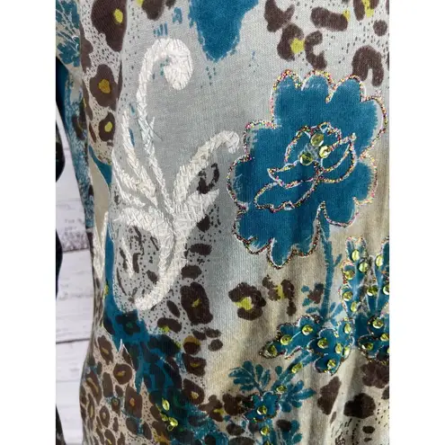 Le Mieux Top Womens S Floral Sequin Glitter V Neck 3/4 Sleeve Cotton Blend NEW