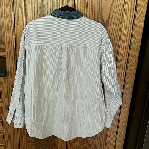 Cabin creek Vintage Fall Farm Embroidered Button Down Shirt Pinstripe Denim Cow Pumpkin Barn