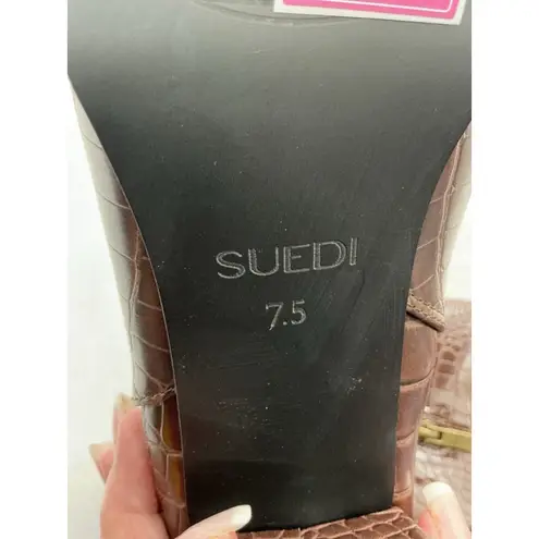 Womans Suedi Knee High Boots Brown Croc Faux Leather 7.5 Blk Heel 1/2 Zip NWOT