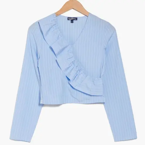Freshman Asymmetric Ruffle Cotton Top Light Blue White Stripe NWT Small
