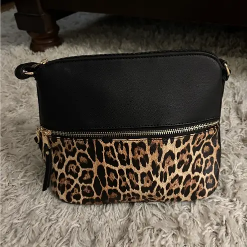 Stylish Black and Brown Crossbody Bag with Animal Print