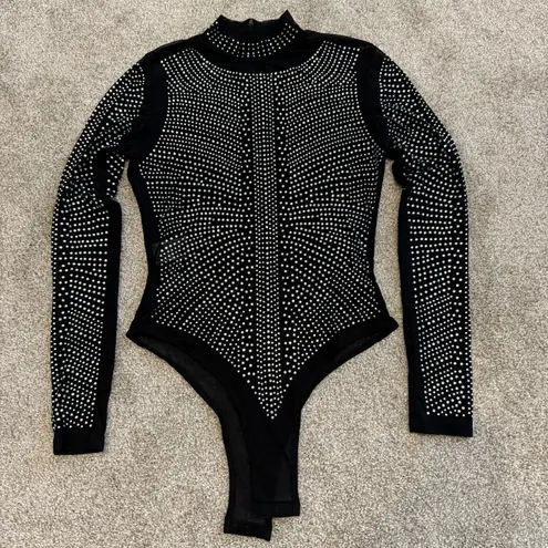 new small sheer mesh all over rhinestone mock neck bodysuit TLS2 2257 Black