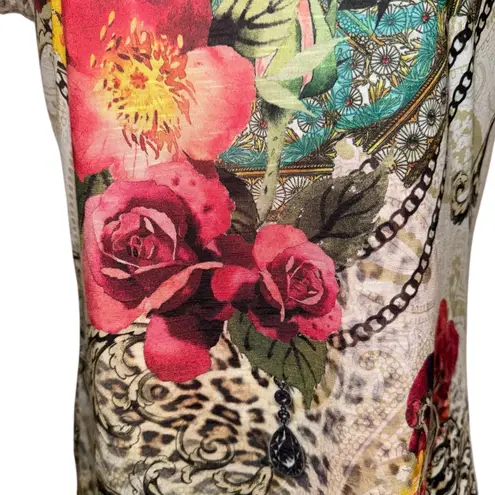 CACHE Floral Leopard Print Embellished Scoop Neck T