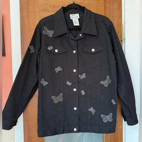 The Quacker Factory Women Vintage Black Denim Studded Embossed Butterfly Jacket