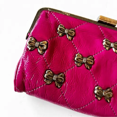 Betsey Johnson Betsey Johnston Hot Pink Quilted Leather Large Clutch Wallet Metal Pewter Bows