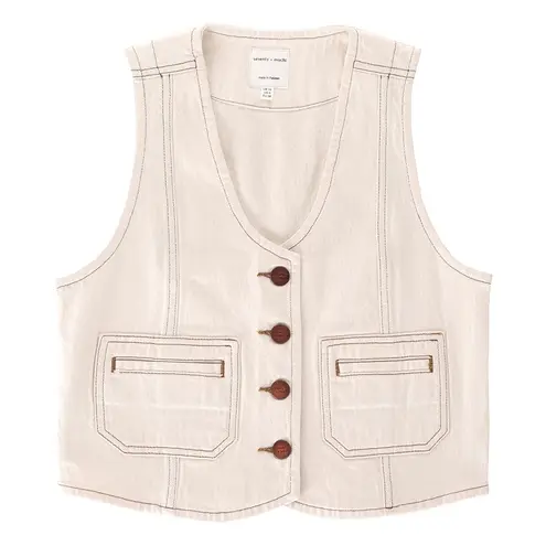 Seventy + Mochi Bea Denim Vest Waistcoat Top Contrast Stitch Ecru 2 EUC White