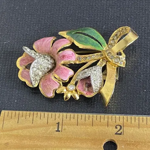Antique Coro 1930s Flower Enamel Fur Clip Enamel &Colored & Clear Rhinestones Pink