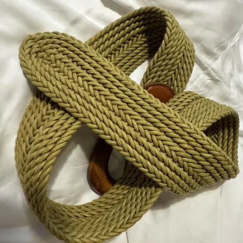 Lafayette 148 New York Belt Womens Medium Olive Wide Woven Braided Wood Buckle Green