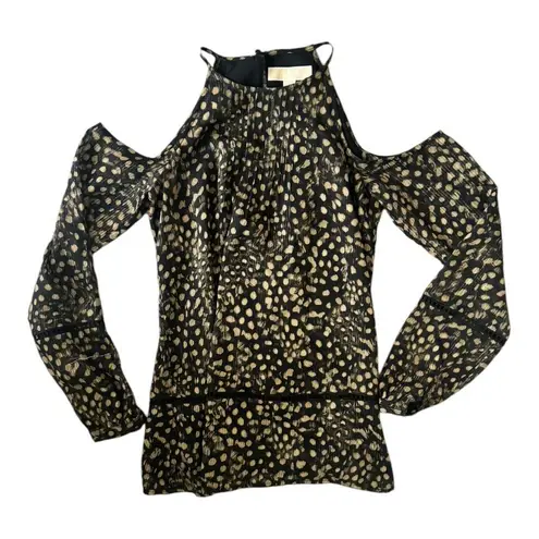 MICHAEL Michael Kors Cold Shoulder Blouse Black Beige Print Lined Size XS