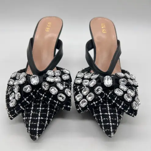 Allegra K NEW Rhinestone Bow Mules Heels Womens 6.5 Black Tweed Pointed Toe Glam