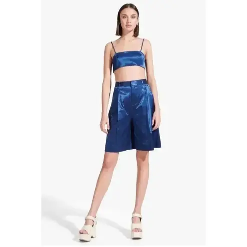 STAUD Noah Satin Bermuda Shorts Pleated High Rise Midnight Blue Knee Length 6