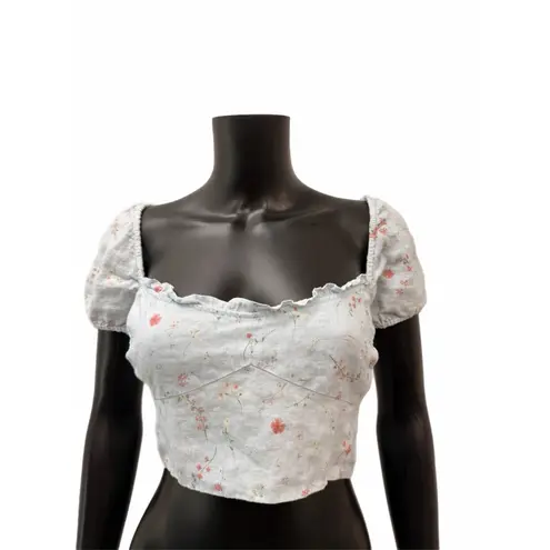 Wilfred Aritzia Linen Floral Puff Sleeve Crop Top Blue Pink XL