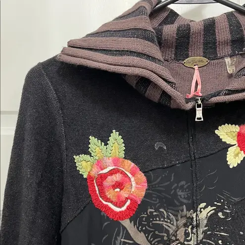 One Girl Who Black Floral Embroidered Full Front Zip Sweater