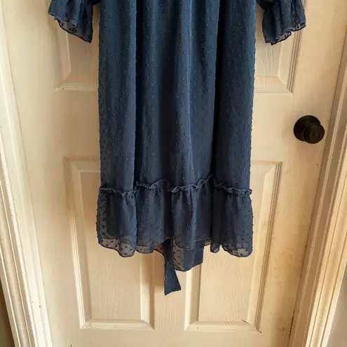 Navy Blue Swiss Dot Midi Dress Tie Back Square Neck Long Sleeve Ruffle Hem 0