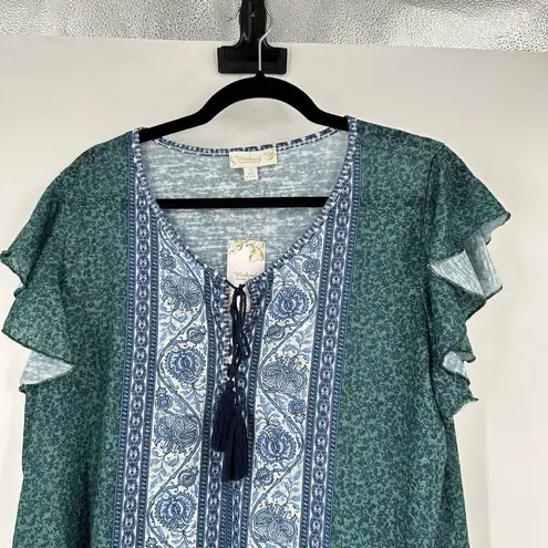 Suzanne Betro NWT Weekend Women's Floral Tassel Tie Blouse Blue Green Size XS