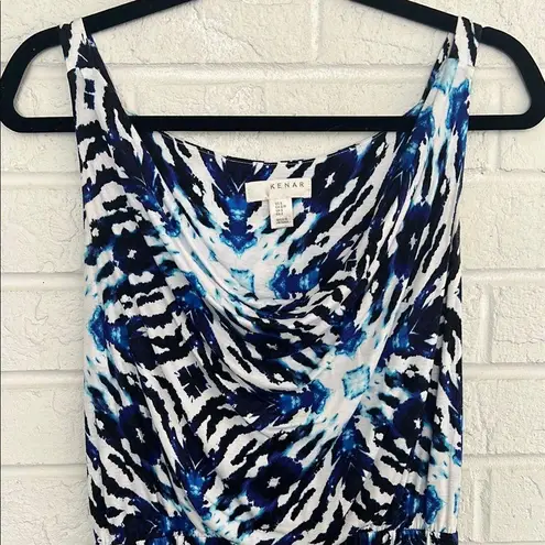 Kenar Blue and White Slip Midi Dress with Spaghetti Straps