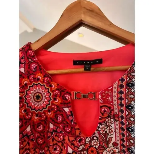 Tiana B Red Navy Silk Garden Tunic Pullover Top Size 10