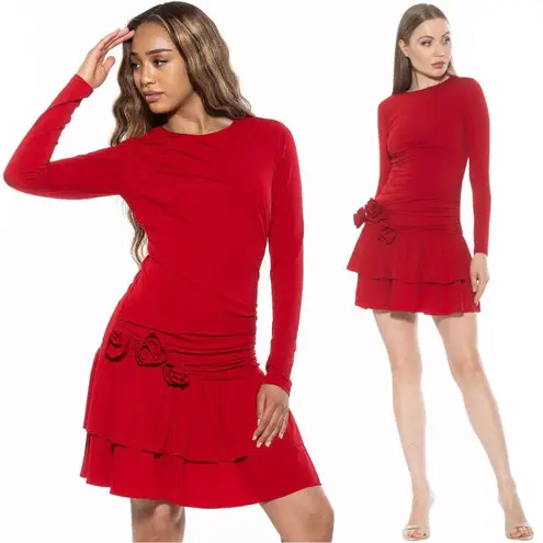 Alexia Admor Pluto Rosette Long Sleeve Mini Dress Women's Small Red Ruffle NWT