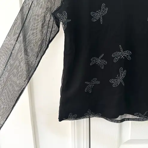 Victoria Jones Petite Black Mesh Sleeve Rhinestone Dragonfly Y2K Goth Top Medium