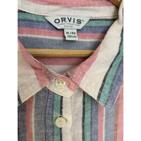 Orvis Linen Blend Striped Button Up Top Size XL Coastal Outdoors Beachy Boxy