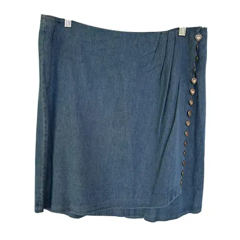 Vintage 90s Denim Mini Wrap Skirt Coastal Cowgirl Silver Heart Charms Size 14 Blue