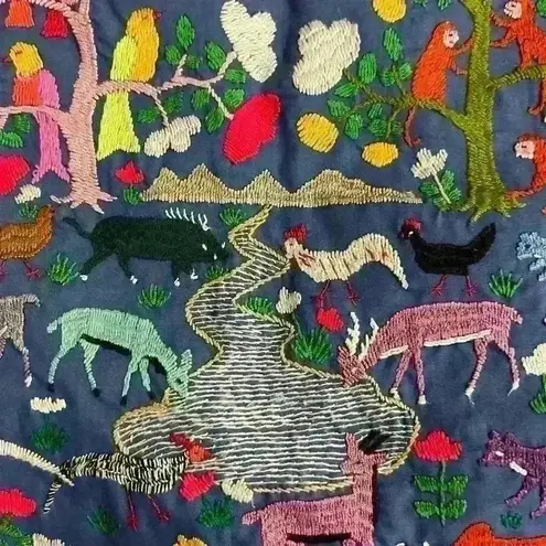 Quilted Blue Tote Bag with Animal Embroidery Boho Chic Anthropologie Style