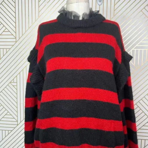 ZARA  Striped Sweater with Tulle Neck Red‎ Black Size Medium