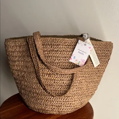 Floral Embellished Brown Woven Tote Bag beaded and bedazzled with floral accents