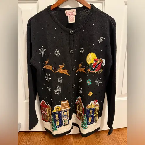 Basic Editions Holiday Womens Medium Christmas Town Black Vintage Sweater