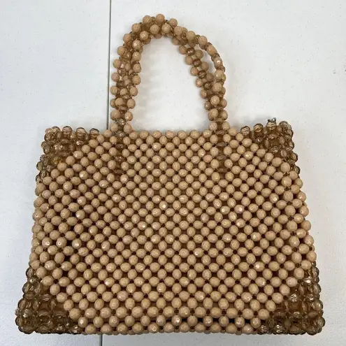 Vintage 1960's Beaded Handbag Made in Hong Kong Opaque Faceted Beige Beads Tan