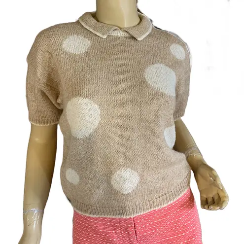 VINTAGE 1980'S ANDENE BEIGE & CREAM POLKADOT SILK BLEND SHORT SLEEVE SWEATER (M) Tan Size M