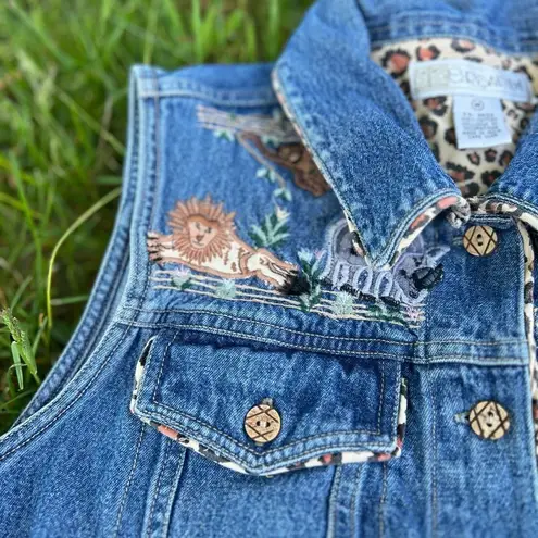 90s / Y2K Denim Vintage Zoo Animal Embroidered Jean Vest Leopard Print Trim Size M