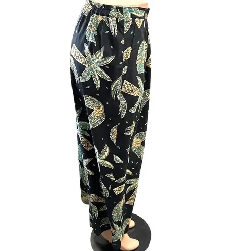 CCC Vintage Boho Black Wide Leg Pants With Leaf Print Elastic Waist Size Medium Green