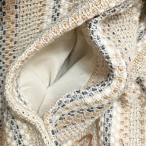 Nic+Zoe Fringe Open Front Cardigan Jacket Sz Medium Tan Blue Stripe Boho Knit