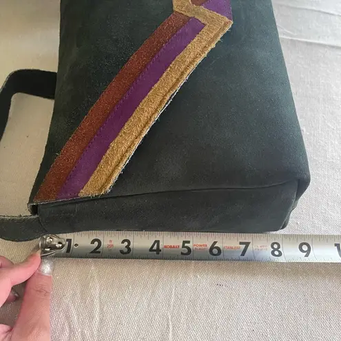 Stylish Green Suede Shoulder Bag with Purple and Gold Accents