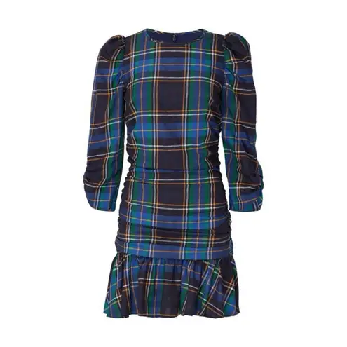 Tanya Taylor Raven Dress Size 18 Plaid Peplum Mini Dress Ruched Long Sleeve