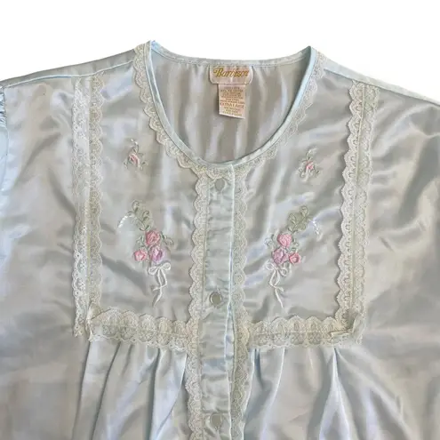 Vintage Barbizon Cuddleskin Pajama Set XL Blue Satin Lace Floral Embroidered
