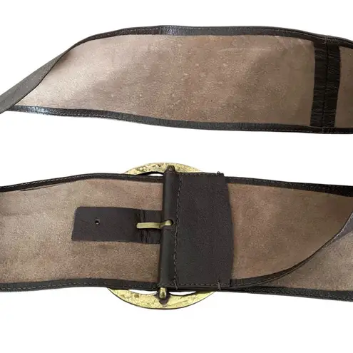 Chocolate Brown Leather Wide Waist Belt Gold Tone Circle Buckle Rhinestone