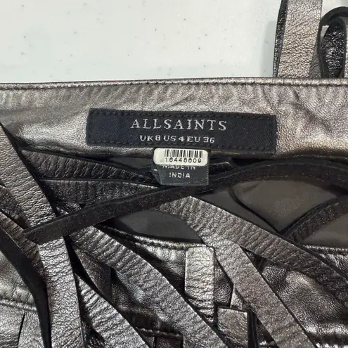 AllSaints Aisha Leather Fringe metallic mini Skirt Size 4 Silver