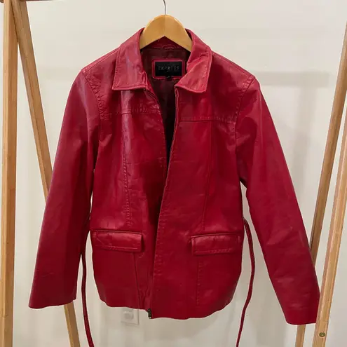 EXPRESS Vintage Leather Collared Lightweight Jacket with Waist Tie in Cherry Red - Image 2