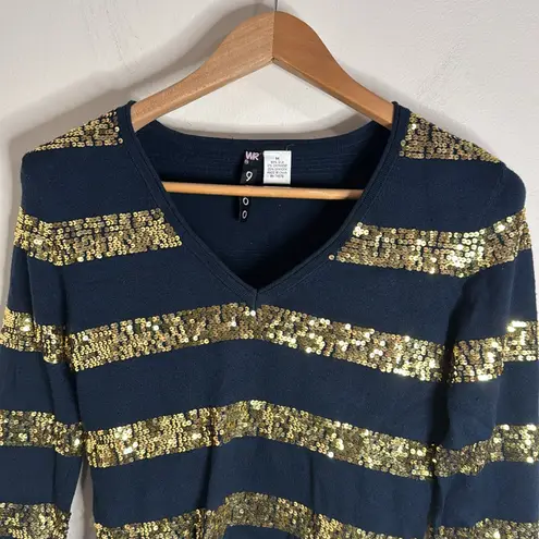WR9000 Women’s Navy Blue Silk/Cashmere Gold Sequin Striped Sweater size M Size M