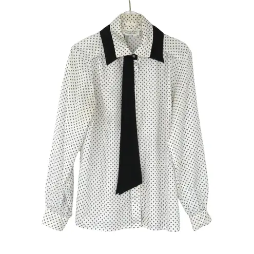 Laura and Jayne White and Black Bow Collar Vintage Diamond Print Blouse Size 8 Size M