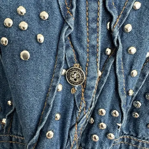 Vintage Denim Shirt Womens 1X Western Studded Button Up Overcoat Ranch Prairie Blue
