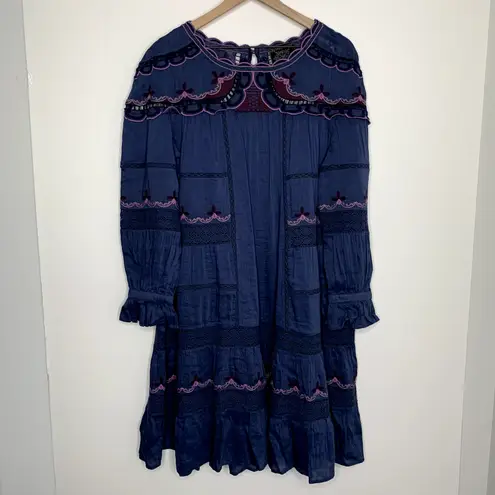 Johnny Was Reina Midi Dress Womens Large Linen-Blend Blue Embroidered