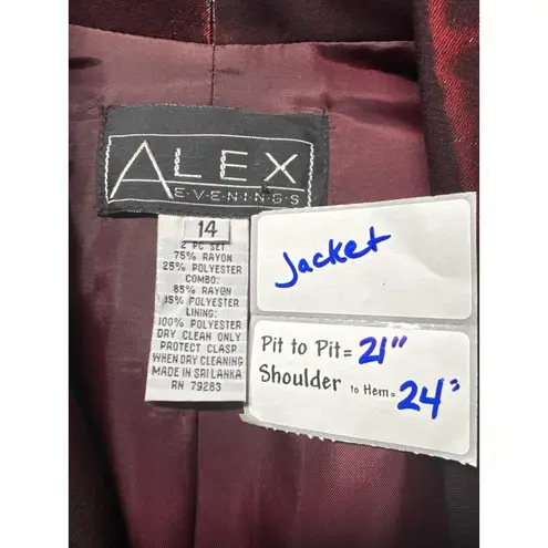Alex Evenings Women Burgundy Metallic Jacquard 2 Pc Jacket Dress Set Size 14