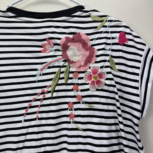 Johnny Was Joya Relaxed Fit Drape Striped Embroidered Floral Boho Cotton Tee XS