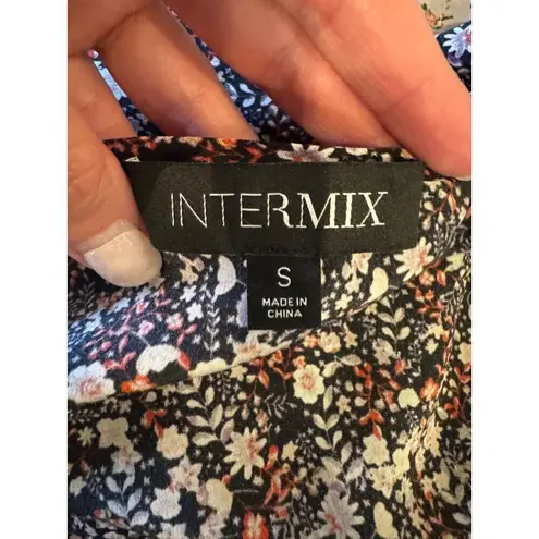 Intermix Shirt Women Small Black White Floral Silk Doryll Bell Sleeve Top Boho