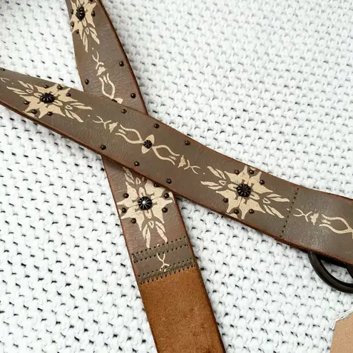 Lucky Brand  Tan Tattoo Graffiti Print Brass Studded Loop Grunge Rocker Belt XS/S